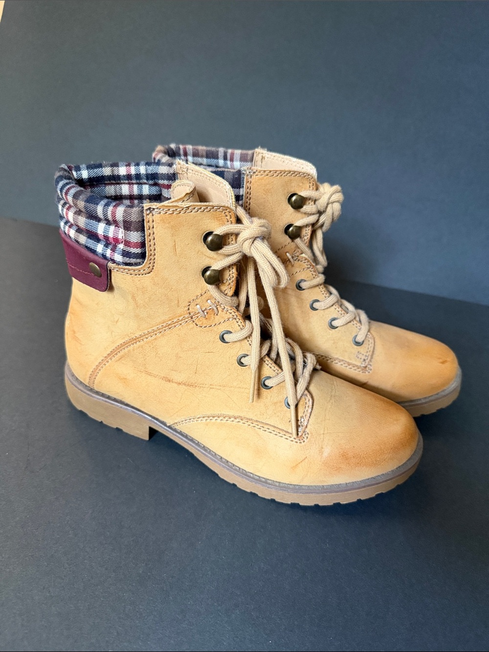 Woman’s Tan Lace-Up Plaid Collar Boots